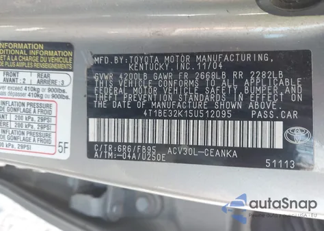 2005 Toyota Camry Le from USA, damaged, VIN 4T1BE32K15U512095